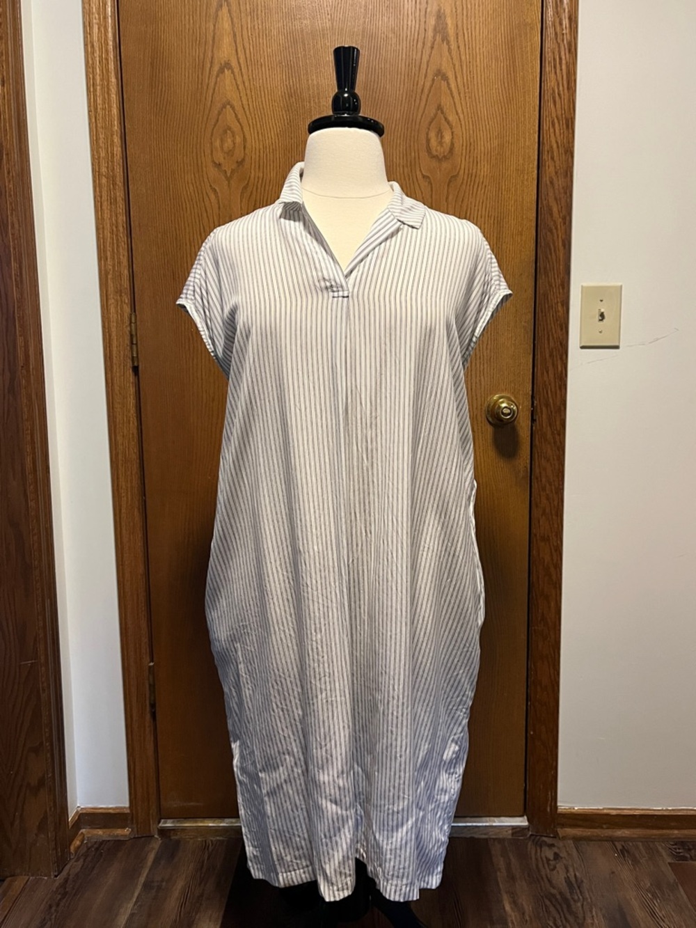 Eileen Fisher Silk Black and White Vertical-Stripe Midi Dress